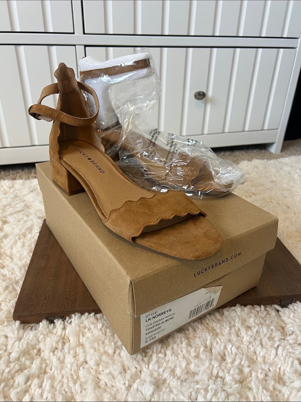 Lucky Brand Norreys Cognac Suede Scalloped Ankle Strap Sandals
